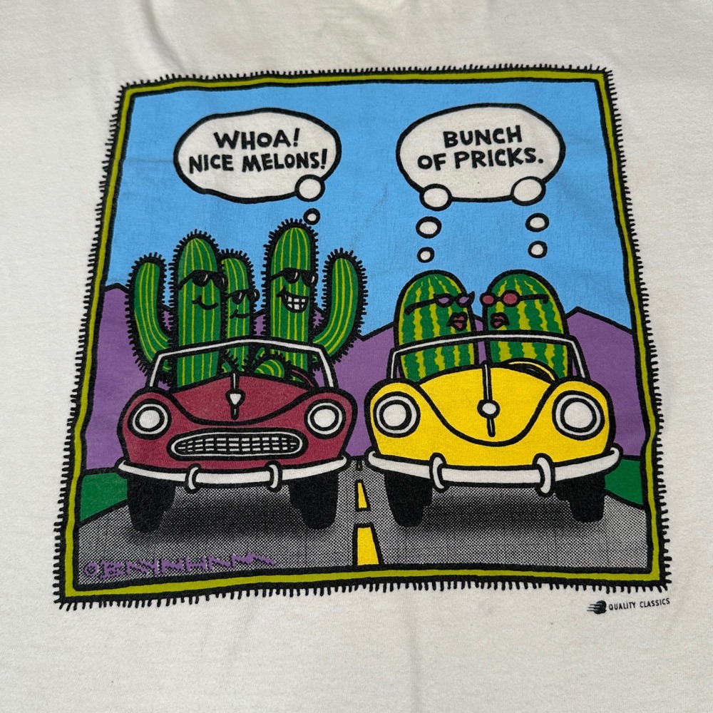 Vintage 90s Funny Comic Tee Graphic T-Shirt XL White Nice Melons Bunch of Pricks - Picture 3 of 10